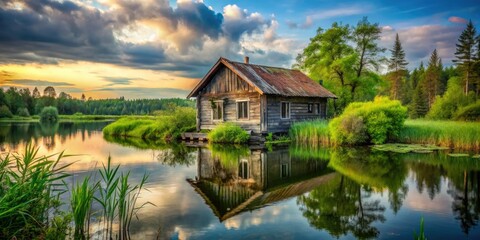 Obraz premium Rustic decay meets serene lake. Eerie beauty in abandoned house, calm water reflects nature's artistry.