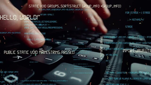 Creative visual of computer programming coding and software development shown by man working on computer keyboard with overlay of computer graphic displaying abstract program codes and computer script