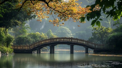 Wooden bridge over the lake in the park. Nature background.