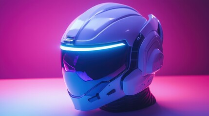Fototapeta premium A futuristic white helmet with neon blue light accents sits on a pink and purple surface showcasing sleek design and technological advancement perfect for virtual reality gaming or