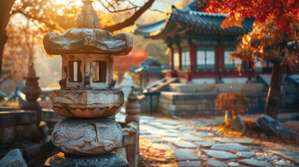 Fototapeta premium Serene autumn scene featuring a traditional stone lantern and a vibrant temple surrounded by colorful foliage