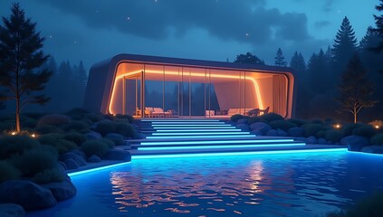 High-Tech Smart Home with a Floating Staircase, Automated Lighting, and a Futuristic Glass Exterior at Night