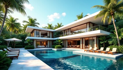 Contemporary Tropical Villa Surrounded by Lush Greenery, Featuring an Open Living Space and a Stunning Waterfall Pool