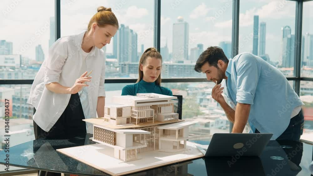 Poster smart architect team discussion about house design while handsome male worker present idea by using 