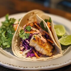 A savory and crispy fish taco with grilled fish, cabbage slaw, and a zesty lime crema