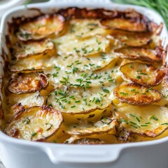 A savory and crispy potato gratin with layers of thinly sliced potatoes, cheese, and a creamy sauce