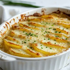 A savory and crispy potato gratin with layers of thinly sliced potatoes, cheese, and a creamy sauce
