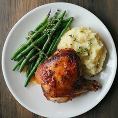 A savory and crispy roasted chicken thigh with a side of garlic mashed potatoes and green beans, served on a white plate, Roasted chicken thigh centered