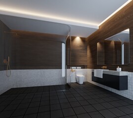 Interior the bathroom in house is decorated in brown tones with wooden walls in a modern style, complete with a sink and mirror.3d render