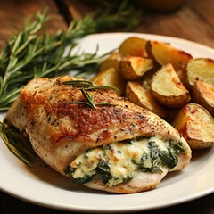 A savory and delicious spinach and cheese stuffed chicken breast with a side of roasted potatoes, served on a white plate, Stuffed chicken breast centered