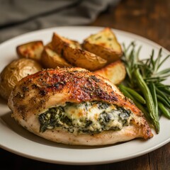 A savory and delicious spinach and cheese stuffed chicken breast with a side of roasted potatoes, served on a white plate, Stuffed chicken breast centered