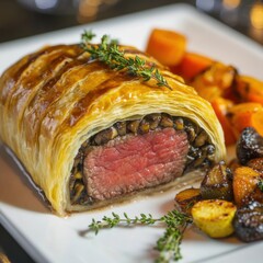 A savory and flavorful beef Wellington with a golden puff pastry crust and a rich mushroom duxelles...
