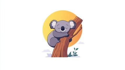 Obraz premium Sleepy Koala Hugging Tree Trunk in a Bright Flat Design Style
