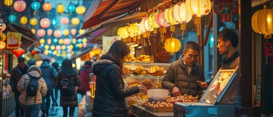 Vibrant night market scene with shoppers exploring food stalls under colorful lanterns