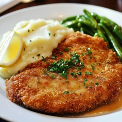 A savory and flavorful pork schnitzel with a crispy breaded coating, served with a side of mashed potatoes and a lemon wedge, on a white plate