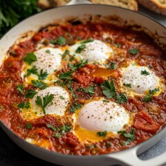 A savory and flavorful shakshuka with poached eggs in a spicy tomato and pepper sauce, served in a white skillet, Shakshuka centered