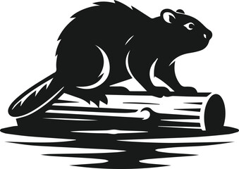 Beaver balancing on a log floating in the water vector
