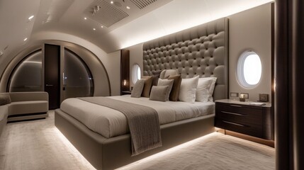 A luxuriously appointed private jet bedroom features a plush tufted headboard, a king-sized bed, and a bedside table with drawers