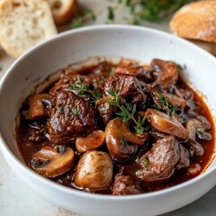A savory and rich beef bourguignon with tender beef, mushrooms, and red wine sauce