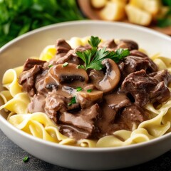 A savory and rich beef stroganoff with tender strips of beef and mushrooms in a creamy sauce, served over egg noodles, in a white bowl