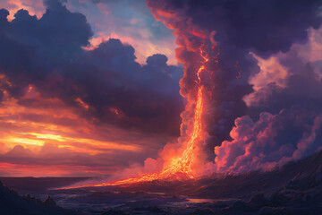 Fototapeta premium A volcano erupts at sunset in this digital artwork. Dark clouds and orange light frame a fiery plume of lava and smoke