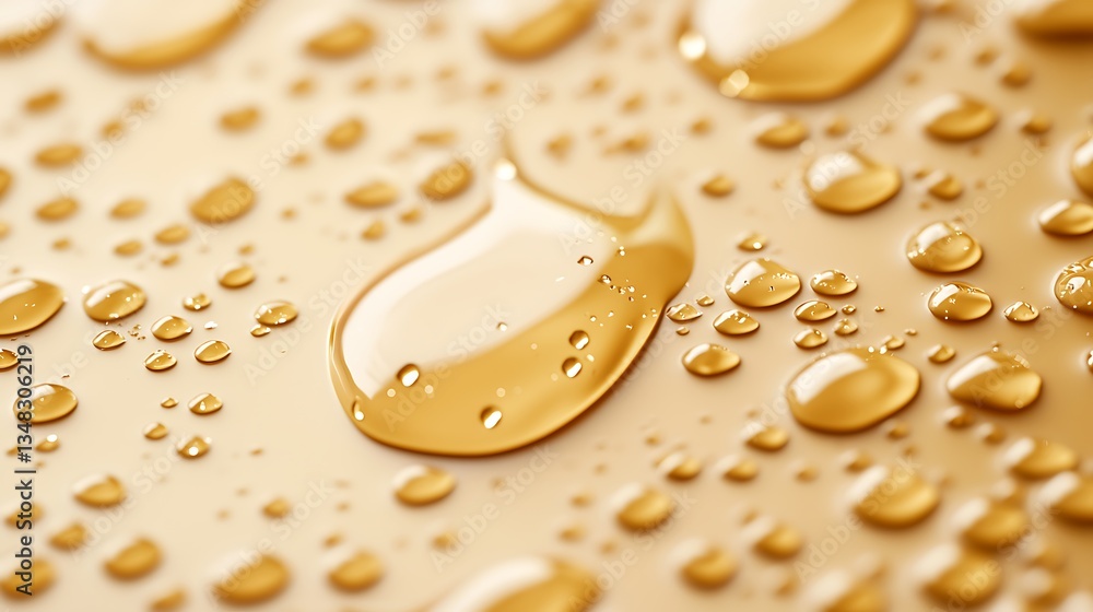 Poster close-up of golden droplets on a smooth surface, showcasing reflections and textures, creating an el