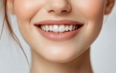 Fototapeta premium Close-up of a beautiful woman's face with lip fillers on her lips, smiling. The focus is just above the mouth, The background is neutral, with natural lighting, and the image is a professional photo