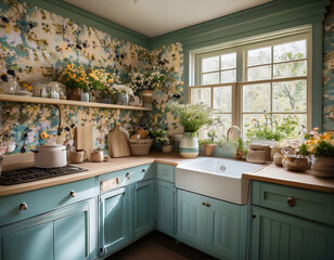 A cozy cottagecore kitchen with vintage decor and floral wallpaper.