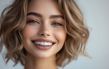 Naklejka premium Close-up of a beautiful woman's face with lip fillers on her lips, smiling. The focus is just above the mouth, The background is neutral, with natural lighting, and the image is a professional photo