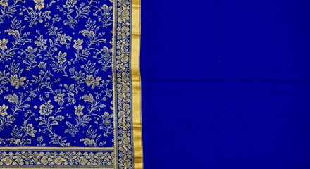 Rich Blue Fabric: Close-up of intricate textile, a vibrant blue cloth adorned with detailed floral patterns, blending modern design with a touch of luxury.