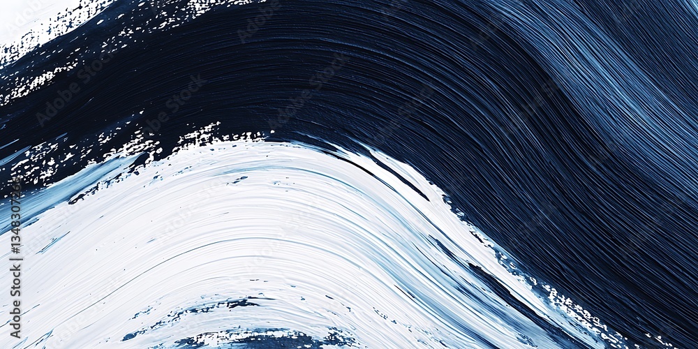 Poster an abstract painting featuring dynamic blue and white brush strokes, creating a flowing and textured