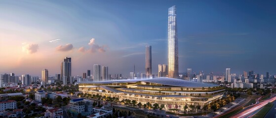 Fototapeta premium Modern skyscraper and stadium in an urban skyline at sunset, showcasing vibrant city life