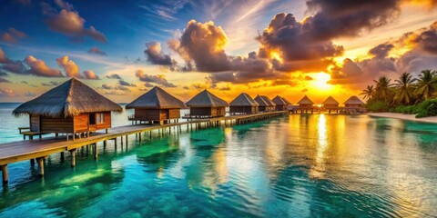 Obraz premium Maldives Overwater Bungalow Sunset Panorama: Luxury Beach Resort Vacation Photography