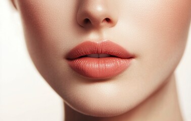 Fototapeta premium Close-up of beautiful female face with perfect lips, on white background. This beauty concept image features soft lighting and shadows, showing off the model's flawless skin tone. The high resolution 