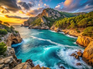 Fototapeta premium Mallorca Torrent de Pareis Canyon Long Exposure Photography - Turquoise Sea Rocky Coastline