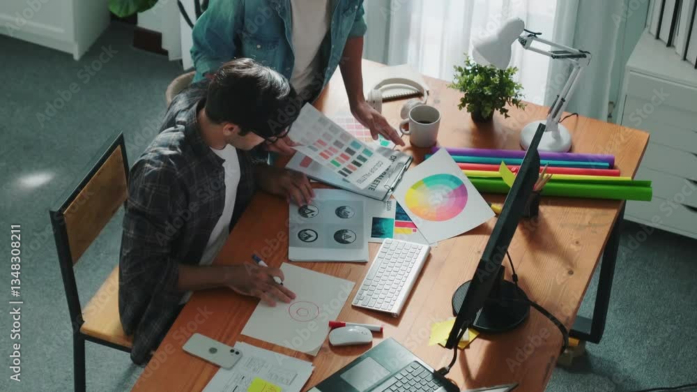 Aufkleber top view of manager writing idea while team standing and giving comment. professional designer desig