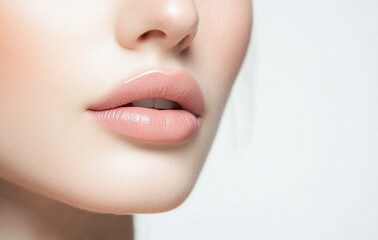 Close-up of beautiful female face with perfect lips, on white background. This beauty concept image features soft lighting and shadows, showing off the model's flawless skin tone. The high resolution 