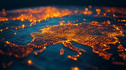 A vibrant digital representation of a city map with glowing orange lights, depicting a network of streets and buildings against a dark background.