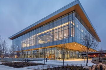 Modern glass building showcasing contemporary architecture at twilight with landscaped surroundings