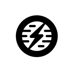 A circular, black logo features a jagged lightning bolt inside a circle with horizontal lines.