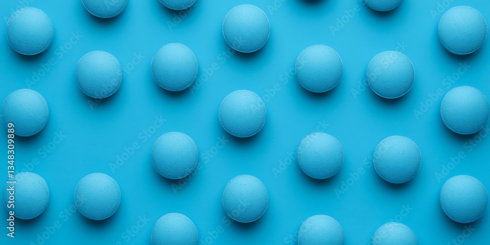 Poster a vibrant arrangement of blue round objects evenly spaced on a light blue background, creating a vis