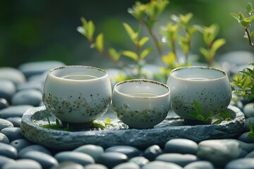 Serene tea setting with three elegant cups on a stone tray surrounded by green foliage and pebbles