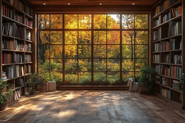 Cozy room with window view of autumn trees and shelves filled with books