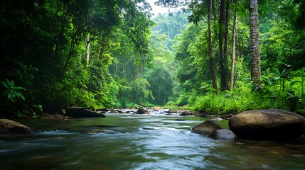 Obraz premium Serene River Flowing Through Lush Green Forest