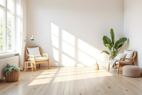 Bright and airy living space with rattan chairs, a plant, and natural light streaming through windows
