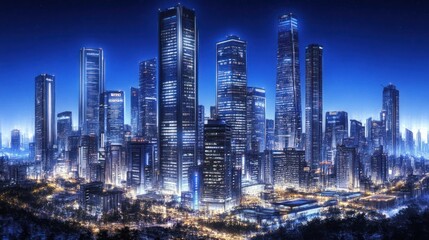 Obraz premium A panoramic view of a modern city skyline at night, showcasing towering skyscrapers illuminated by bright lights