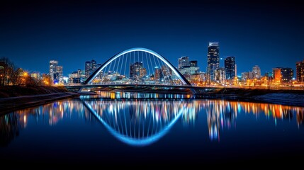 Naklejka premium Fireworks over the river, a night view of downtown skyline, with a steel arch bridge in the background, dazzling and colorful fireworks illuminating the city lights and buildings.