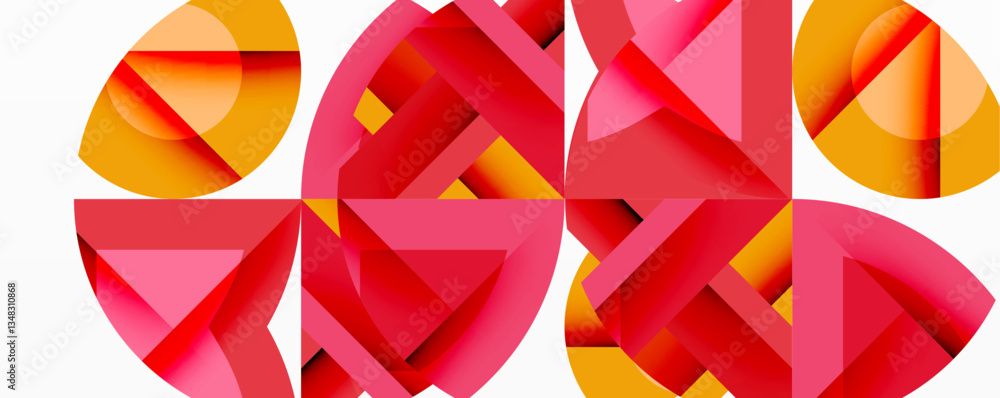 Poster Abstract geometric composition with interlocking circular and angular shapes, featuring smooth gradients and sharp contrasts on a white background