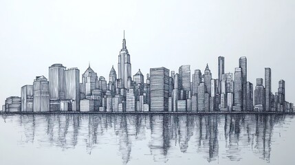 Fototapeta premium Pen and Ink Skyline: A Detailed Cityscape Drawing