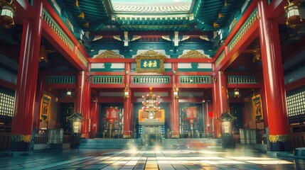 Majestic interior of a traditional temple showcasing intricate architecture and serene atmosphere